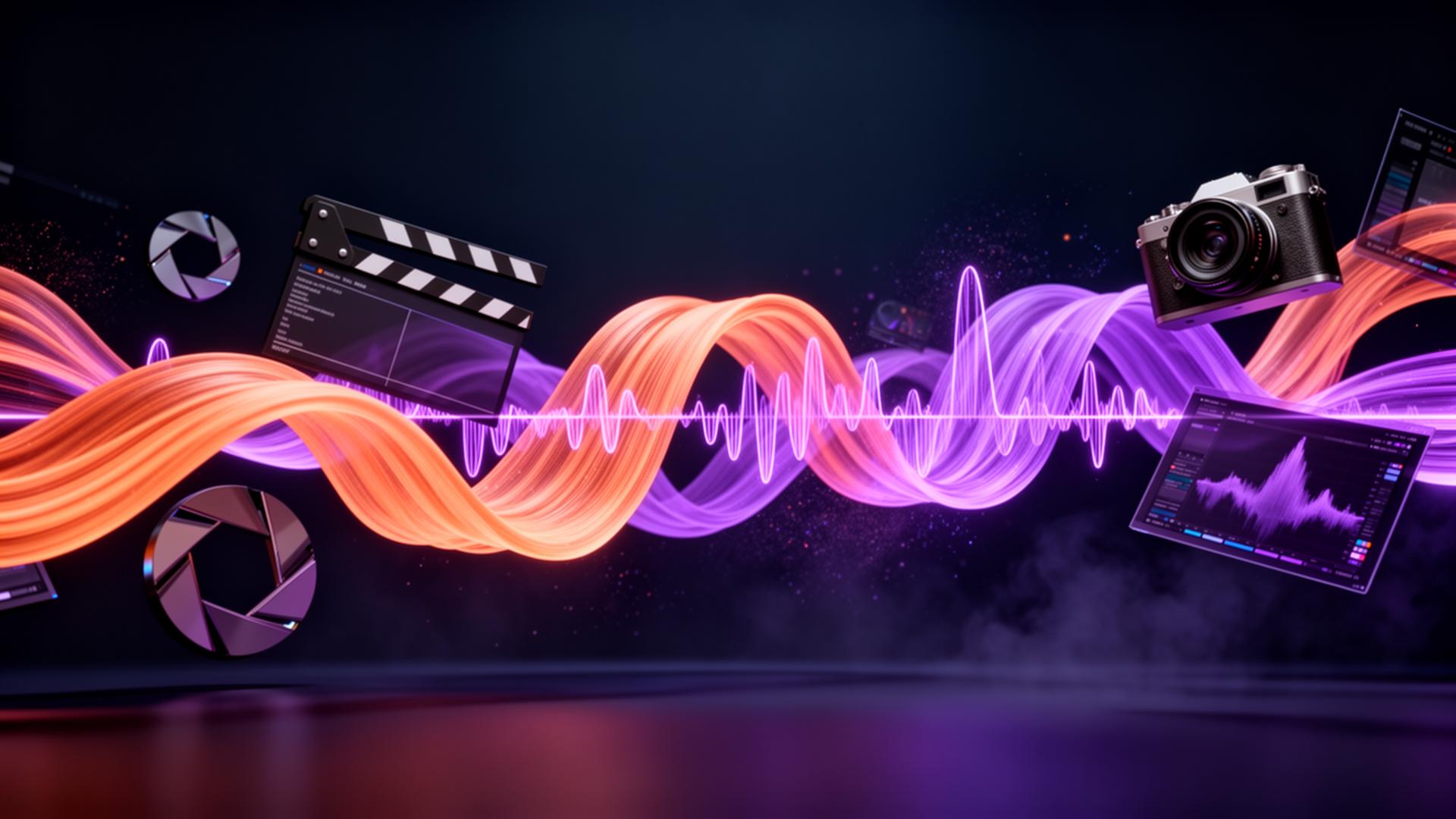 Creative production flow visualized with light ribbons, camera and editing surfaces